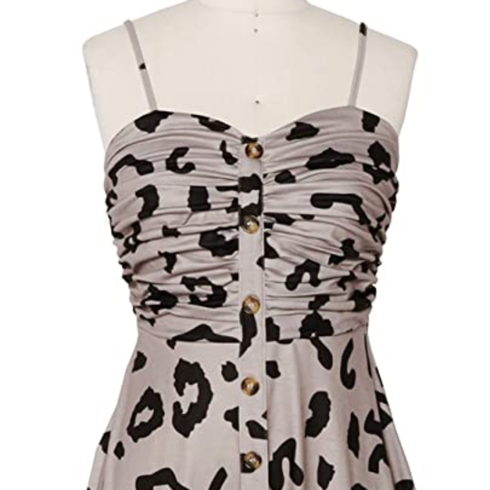 Women's Leopard Print Summer Sweetheart Spaghetti Strap Button Down Aline Knee L